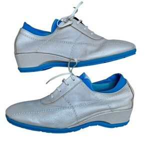 Thierry Rabotin Metallic Leather Wedge Sneakers Blue Sole Sz 39 Italy